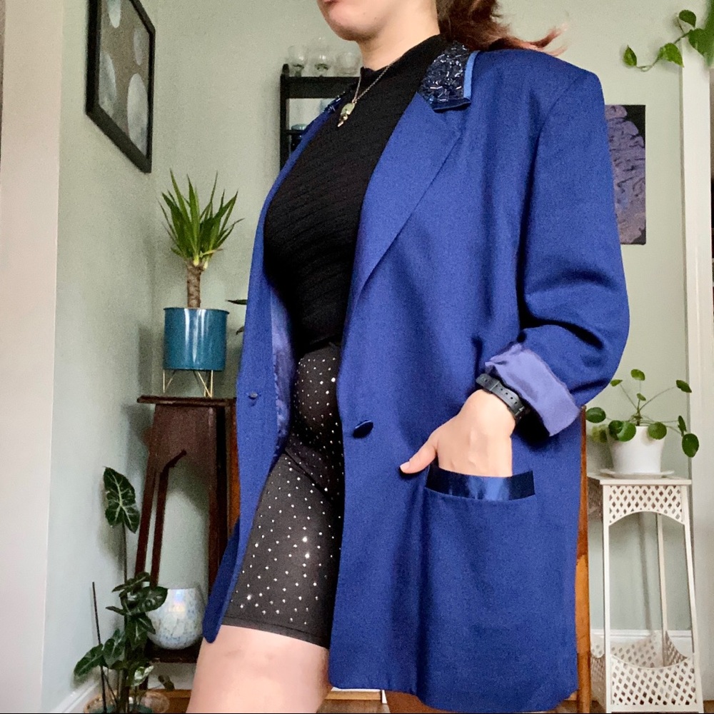 Vintage Navy Blue Blazer with Sequin Collar